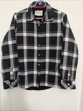 Orvis Shirt Jacket Women's Sz L Black & White Plaid Fleece Lined Snap Up Pockets